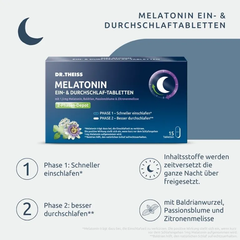 DR. THEISS MELATONIN TABLETTEN 15 viên - Thuốc uống giúp ngủ nhanh hơn và duy trì giấc ngủ cả đêm