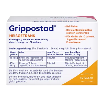 Grippostad® Heißgetränk 10 gói - Thuốc bột giúp giảm đau, hạ sốt và tăng cường hệ miễn dịch phù hợp cho trẻ em từ 10 tuổi trở lên