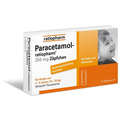 Paracetamol-ratiopharm® 250 mg Zäpfchen 10 viên - Thuốc đạn giúp giảm đau, hạ sốt dành cho trẻ từ 2-8 tuổi (13-25 kg)