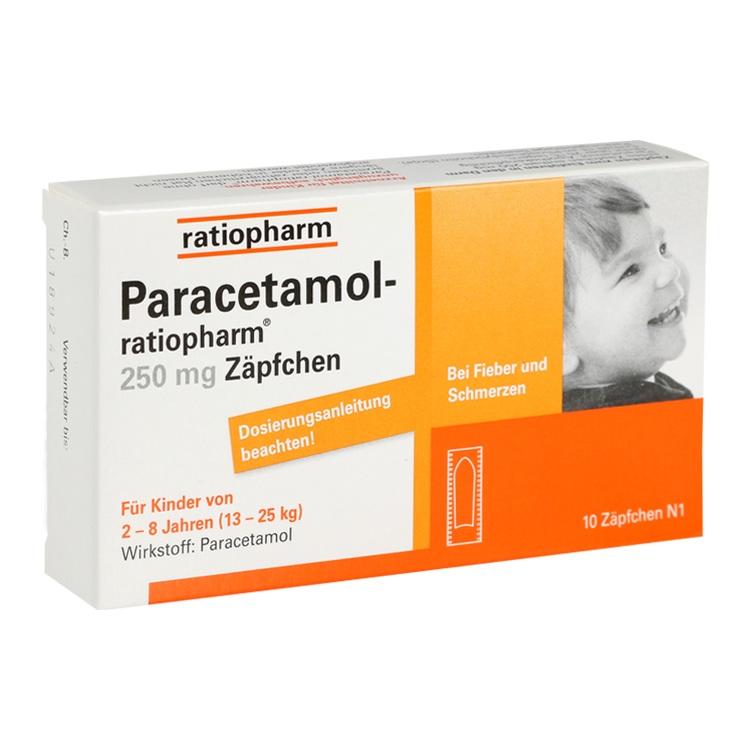 Paracetamol-ratiopharm® 250 mg Zäpfchen - Thuốc đạn giúp giảm đau, hạ sốt dành cho trẻ từ 2-8 tuổi (13-25 kg)